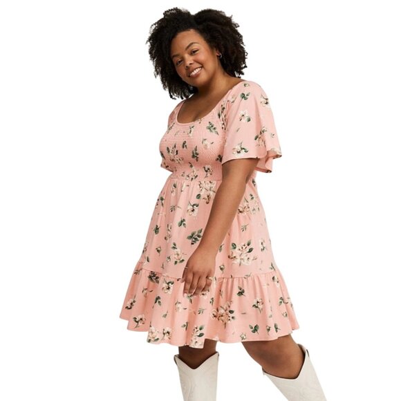 Torrid Smocked Floral Babydoll Dress Size 5X NWT Coquette Ruffle Cotton PInk - Picture 2 of 11